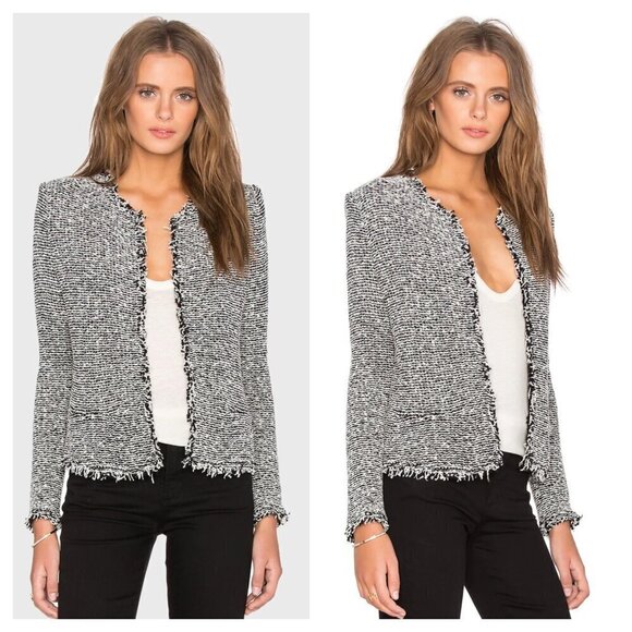 IRO Azure Fringe Blazer Jacket Open Front in Tweed Black and White Women's 38 M - Picture 1 of 9